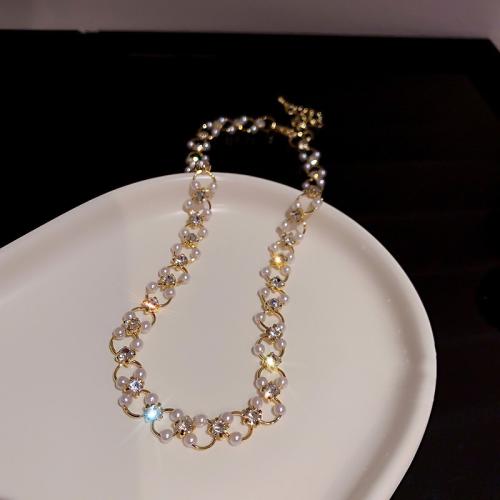 Jewelry Sets, Brass, with Plastic Pearl, with 5cm extender chain, fashion jewelry & for woman & with rhinestone, golden, Length:Approx 41 cm, Approx 17 cm, Sold By PC