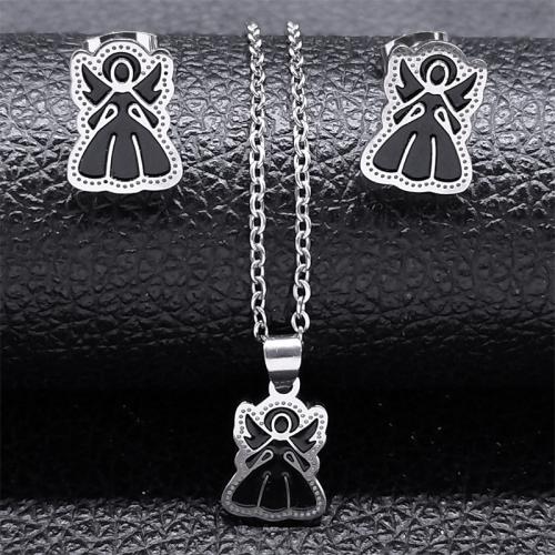 Fashion Stainless Steel Jewelry Sets, Stud Earring & necklace, 304 Stainless Steel, 2 pieces & Unisex & enamel, silver color, Length:Approx 50 cm, Sold By Set