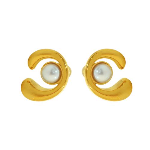Boucle d'oreille de gaujon en acier inoxydable, Acier inoxydable 304, avec perle de plastique, bijoux de mode & pour femme, doré, 20x18mm, Vendu par paire
