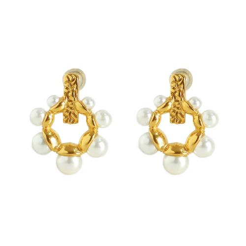 Stainless Steel Stud Earrings, 304 Stainless Steel, with Plastic Pearl, fashion jewelry & for woman, golden, 18x22mm, Sold By Pair