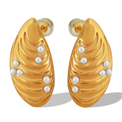 Stainless Steel Stud Earrings, 304 Stainless Steel, with Plastic Pearl, Shell, fashion jewelry & for woman, more colors for choice, 14x26mm, Sold By Pair