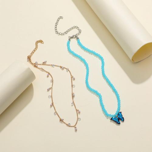 Zinc Alloy Jewelry Necklace with Crystal with 5cm extender chain Double Layer & for woman & enamel blue Length 32 cm 35 cm Sold By PC