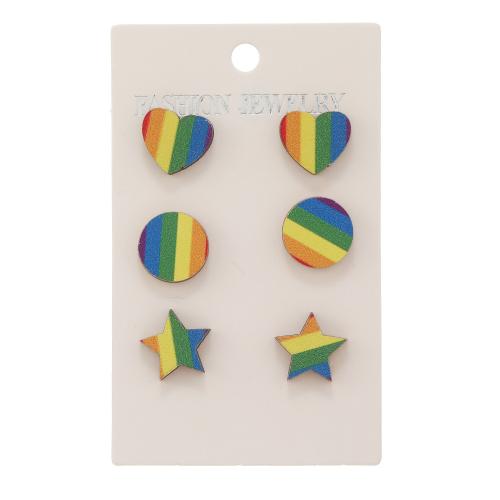 Wood Earring, printing, three pieces & fashion jewelry & for woman, multi-colored, Sold By Set