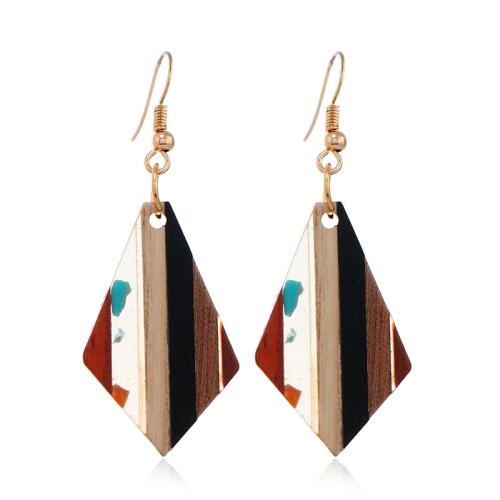 Wood Earring, with Resin & Tibetan Style, Rhombus, fashion jewelry & for woman, 55x20mm, Sold By Pair