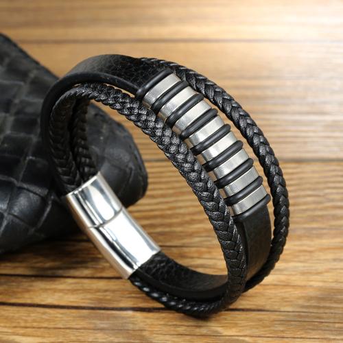 PU Leather Cord Bracelets, with 304 Stainless Steel, handmade, three layers & fashion jewelry & for man, black, Length:21 cm, Sold By PC