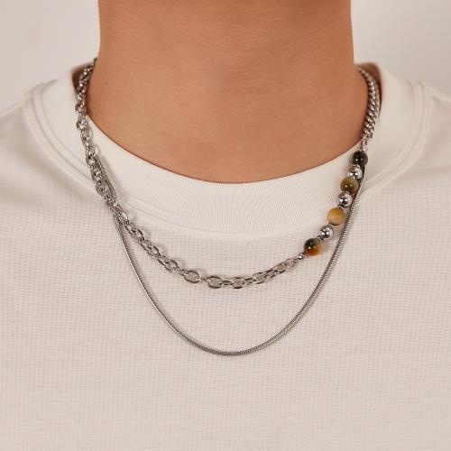Rustfrit stål smykker halskæde, 304 rustfrit stål, med Tiger Eye, med 6.5cm extender kæde, Dobbelt lag & for mennesket, Længde 51 cm, Solgt af PC