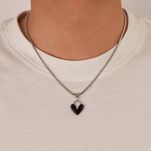 Rustfrit stål smykker halskæde, 304 rustfrit stål, med 6cm extender kæde, Heart, for mennesket & emalje, sort, 17x20mm, Længde 43 cm, Solgt af PC