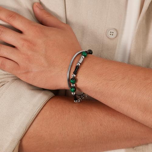Bijoux bracelet en acier inoxydable, Acier inoxydable 304, avec oeil de tigre, avec 4.5cm chaînes de rallonge, Double couche & pour homme, Longueur 19.5 cm, Vendu par PC