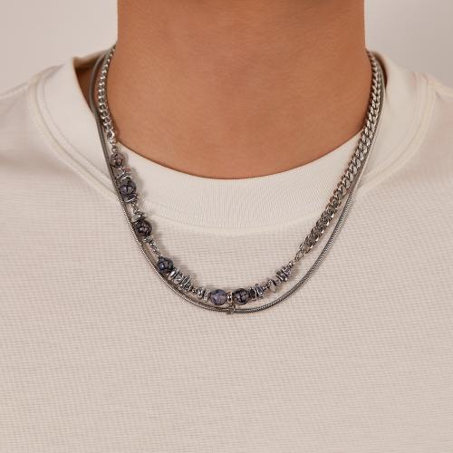 Edelstahl Schmuck Halskette, 304 Edelstahl, mit Naturstein & Hämatit, mit Verlängerungskettchen von 6.5cm, Doppelschicht & für den Menschen, Länge:47.5 cm, verkauft von PC