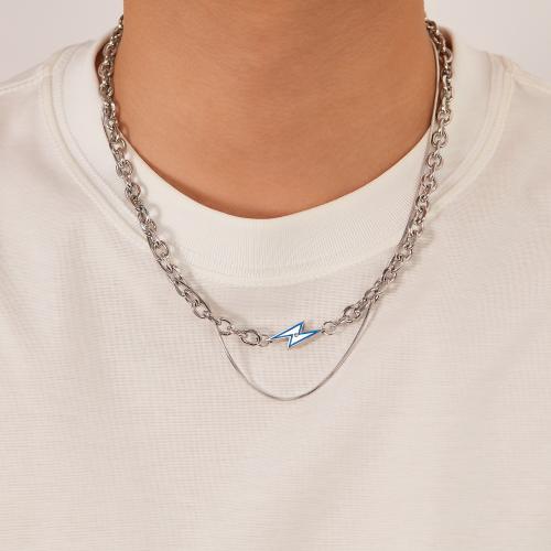 Edelstahl Schmuck Halskette, 304 Edelstahl, mit Verlängerungskettchen von 5cm, Doppelschicht & Micro pave Zirkonia & für den Menschen, Länge:47 cm, verkauft von PC