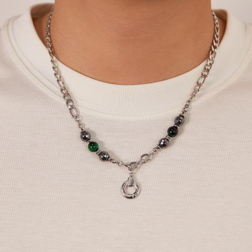 Edelstahl Schmuck Halskette, 304 Edelstahl, mit Tigerauge & Hämatit, mit Verlängerungskettchen von 6.5cm, für den Menschen, 15x20mm, Länge:50 cm, verkauft von PC