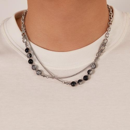 Edelstahl Schmuck Halskette, 304 Edelstahl, mit Glas, mit Verlängerungskettchen von 6cm, Doppelschicht & für den Menschen, schwarz, Länge:50 cm, verkauft von PC