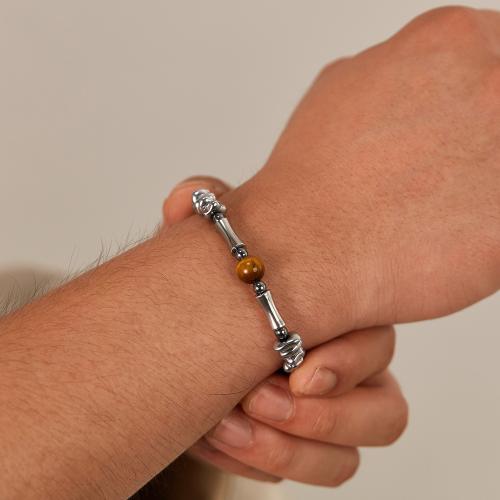 Bijoux bracelet en acier inoxydable, Acier inoxydable 304, avec oeil de tigre & Hématite, avec 4.5cm chaînes de rallonge, pour homme, Longueur:18 cm, Vendu par PC