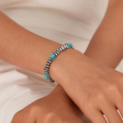 Stainless Steel Jewelry Bracelet, 304 Stainless Steel, with turquoise & Hematite, with 3.5cm extender chain, Vacuum Ion Plating, Unisex, Length:19.5 cm, Sold By PC