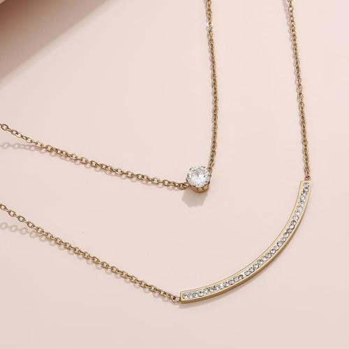 Titanium Steel Necklace, Geometrical Pattern, gold color plated, Double Layer & oval chain & for woman & with rhinestone, Length:Approx 16-20 Inch, Sold By PC