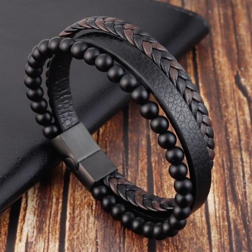 PU Leather Cord Bracelets, with Natural Stone, three layers & fashion jewelry & for man, Length:Approx 21 cm, Sold By PC