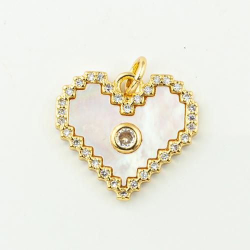 Cubique Pendentif en laiton zircon pavent, avec coquille, coeur, bijoux de mode & pavé de micro zircon & pour femme, doré, 19x17mm, Trou:Environ 3mm, 50PC/lot, Vendu par lot