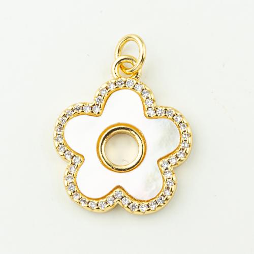 Cubic Zirconia Micro Pave Brass Pendant, with Shell, Flower, fashion jewelry & micro pave cubic zirconia & for woman, golden, 22x17mm, Hole:Approx 3mm, 50PCs/Lot, Sold By Lot