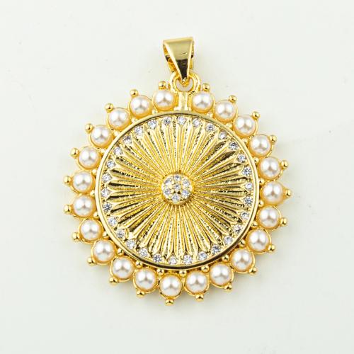 Cubic Zirconia Micro Pave Brass Pendant, with Plastic Pearl, fashion jewelry & Unisex & micro pave cubic zirconia, golden, 31x25mm, Hole:Approx 3mm, 50PCs/Lot, Sold By Lot