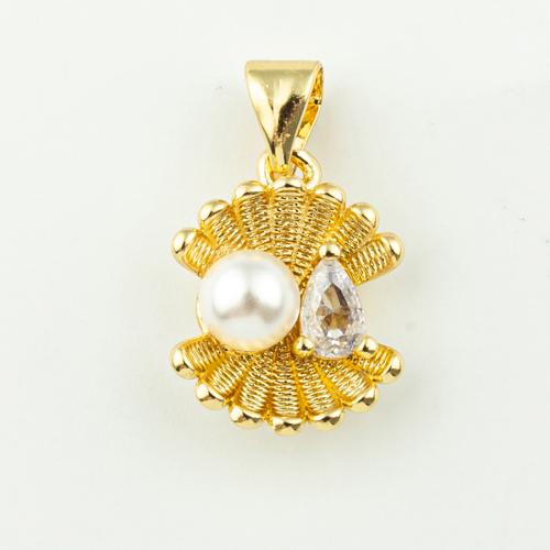Cubic Zirconia Micro Pave Brass Pendant, with Plastic Pearl, fashion jewelry & micro pave cubic zirconia & for woman, golden, 19x11mm, Hole:Approx 3mm, 50PCs/Lot, Sold By Lot