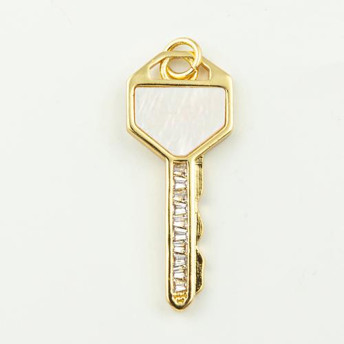 Cubic Zirconia Micro Pave Brass Pendant, with Shell, Key, fashion jewelry & micro pave cubic zirconia & for woman, golden, 33x12mm, Hole:Approx 3mm, 50PCs/Lot, Sold By Lot