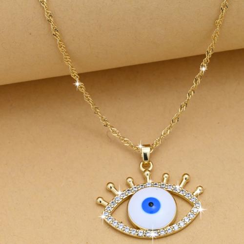 Collier Evil Eye bijoux, laiton, avec résine, Placage de couleur d'or, motif de mauvais œil & pavé de micro zircon & pour femme, blanc, protéger l'environnement, sans nickel, plomb et cadmium, Vendu par PC