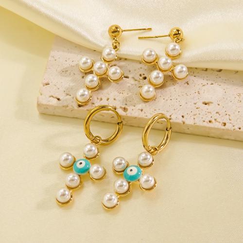 Huggie Hoop Drop Earring, 304 Stainless Steel, with Shell Pearl, Cross, gold color plated, different styles for choice & for woman, more colors for choice, Sold By Pair