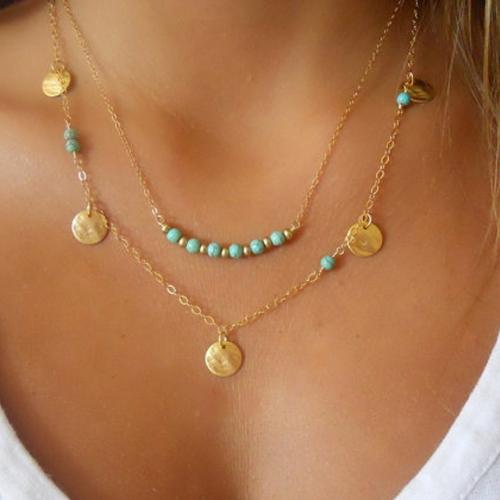 Tibetan Style Jewelry Necklace, with turquoise, Round, plated, Double Layer & for woman, more colors for choice, nickel, lead & cadmium free, Sold By PC