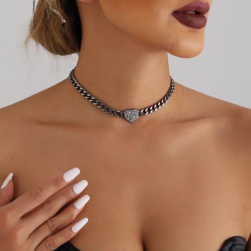 Zinklegierung Schmuck Halskette, Herz, plattiert, für Frau & mit Strass, schwarz, frei von Nickel, Blei & Kadmium, verkauft von PC