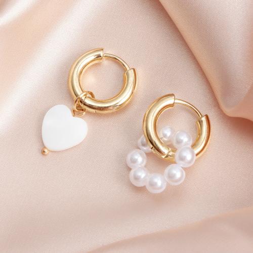 Huggie Hoop Drop Earring, Tibetan Style, with Pearl Oyster, Heart, gold color plated, for woman, white, nickel, lead & cadmium free, Sold By Pair