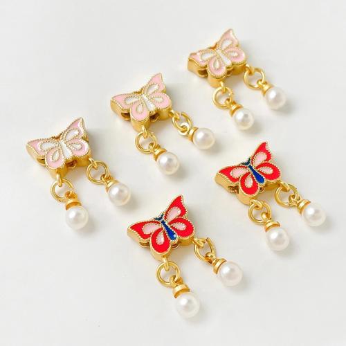 Brass Spacer Beads with Plastic Pearl Butterfly gold color plated DIY & enamel nickel lead & cadmium free Sold By PC