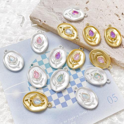 Tibetan Style Flower Pendants, Oval, plated, DIY & micro pave cubic zirconia, more colors for choice, nickel, lead & cadmium free, 14x21mm, Sold By PC