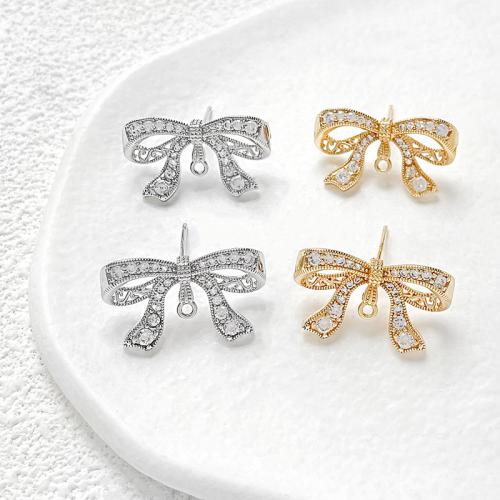 Brass Earring Stud Component, Bowknot, plated, DIY & micro pave cubic zirconia, more colors for choice, nickel, lead & cadmium free, 20x10mm, Sold By Pair