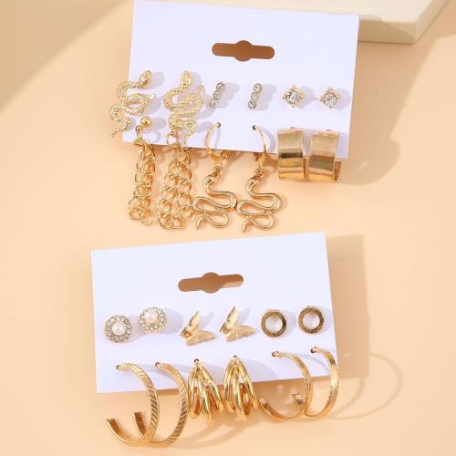 Pendientes de Aleación de Zinc, con Perlas plásticas, 12 piezas & para mujer & con diamantes de imitación, dorado, Vendido por Set