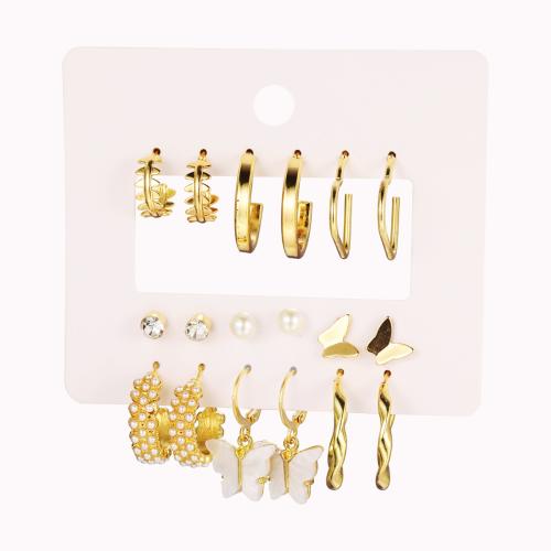 Tibetan Style Drop Earrings, with Crystal & Resin & Plastic Pearl, 9 pieces & fashion jewelry & for woman, gold, Sold By Set