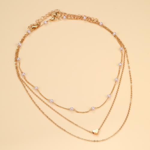 Μόδα κολιέ Multi Layer, Κράμα ψευδάργυρου, με Πλαστικά Μαργαριτάρι, τρία επίπεδα & κοσμήματα μόδας & για τη γυναίκα, χρυσός, Sold Με PC