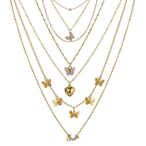 Collar de Aleación de Zinc, con Cristal & Perlas plásticas, 6 piezas & para mujer & esmalte, dorado, Vendido por Set