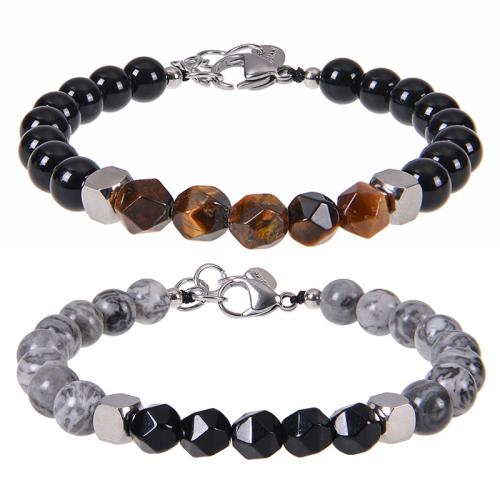 Gemstone Bracelets, 304 Stainless Steel, with Gemstone, handmade, fashion jewelry & different materials for choice & for man, Length:7-8.3 Inch, Sold By PC