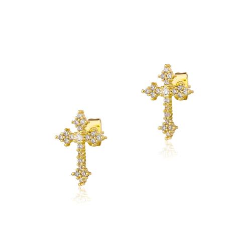 Brass Stud Earring, Cross, plated, Unisex & micro pave cubic zirconia, more colors for choice, 13x18mm, Sold By Pair