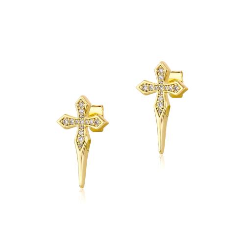 Brass Stud Earring, Cross, gold color plated, Unisex & micro pave cubic zirconia, 13x22mm, Sold By Pair