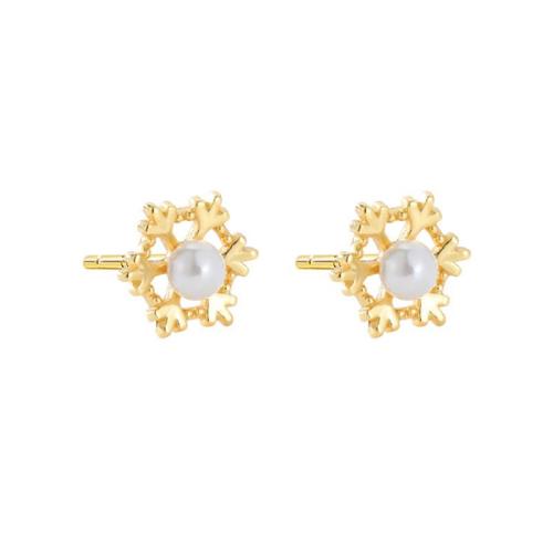 Brass Stud Earring, with Plastic Pearl, Snowflake, fashion jewelry & for woman, more colors for choice, 5.50mm, Sold By Pair
