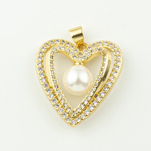 Cubique Pendentif en laiton zircon pavent, avec perle de plastique, coeur, bijoux de mode & pavé de micro zircon & pour femme, doré, 28x22mm, Trou:Environ 3mm, 50PC/lot, Vendu par lot