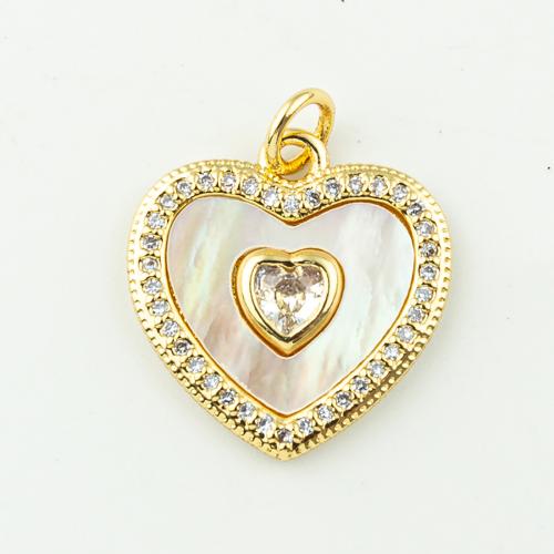 Cubic Zirconia Micro Pave Brass Pendant, with Shell, Heart, fashion jewelry & micro pave cubic zirconia & for woman, golden, 21x17mm, Hole:Approx 3mm, 50PCs/Lot, Sold By Lot
