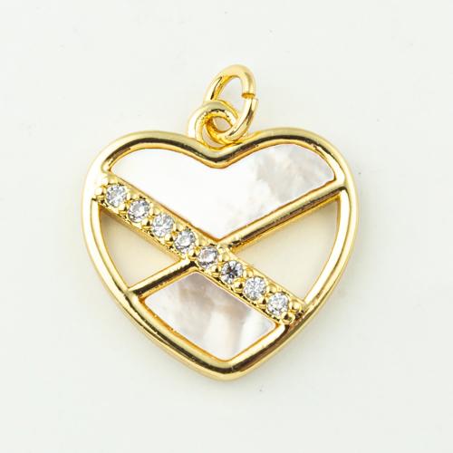 Cubic Zirconia Micro Pave Brass Pendant, with Shell, Heart, fashion jewelry & micro pave cubic zirconia & for woman, golden, 19x17mm, Hole:Approx 3mm, 50PCs/Lot, Sold By Lot