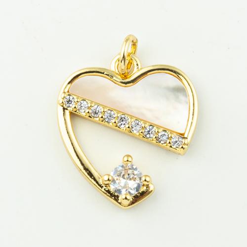 Cubic Zirconia Micro Pave Brass Pendant, with Shell, Heart, fashion jewelry & micro pave cubic zirconia & for woman, golden, 22x17mm, Hole:Approx 3mm, 50PCs/Lot, Sold By Lot