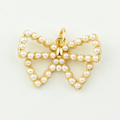 Brass Jewelry Pendants, with Plastic Pearl, Bowknot, fashion jewelry & for woman, golden, 21x17mm, Hole:Approx 3mm, 50PCs/Lot, Sold By Lot