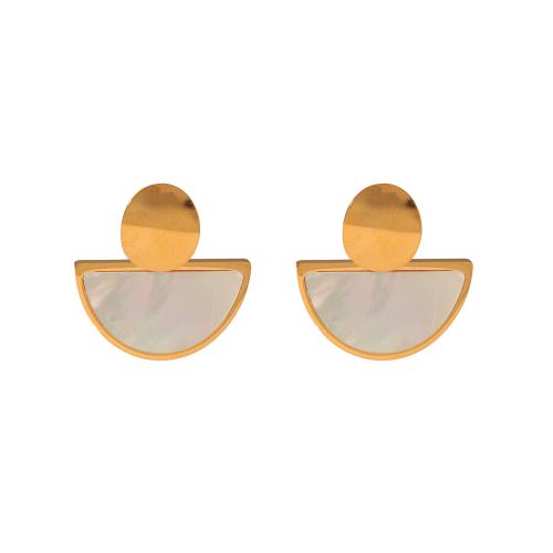 Boucle d'oreille de gaujon en acier inoxydable, Acier inoxydable 304, avec coquille blanche, Plaqué or 18K, bijoux de mode & pour femme, doré, 12.20x12.70mm, Vendu par paire