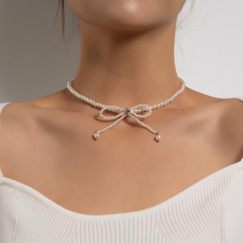 Zinc Alloy Jewelry Necklace with Plastic Pearl Bowknot plated for woman & with rhinestone nickel lead & cadmium free Sold By PC