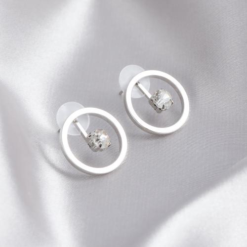 Tibetan Style Stud Earring, Round, silver color plated, for woman & with rhinestone, nickel, lead & cadmium free, 20mm, Sold By Pair