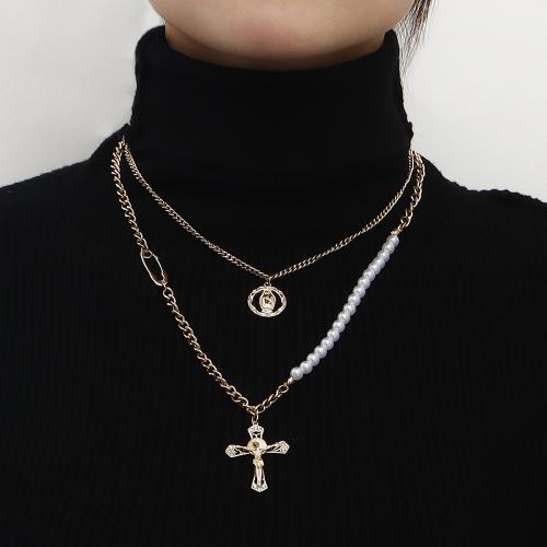 Zinc Alloy Jewelry Necklace with Plastic Pearl Cross gold color plated Double Layer & for woman & with rhinestone nickel lead & cadmium free Sold By PC